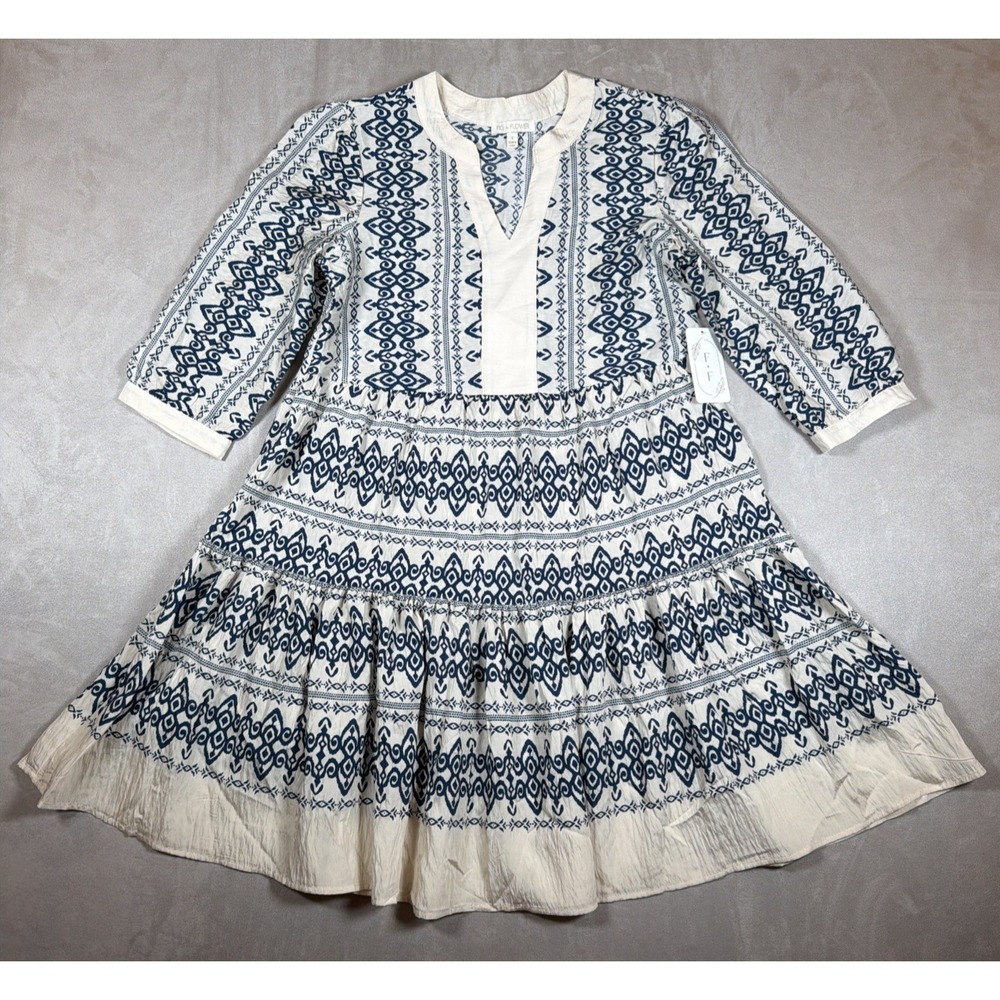 Fig + Flower Boho Midi Dress Small Blue White Embroidered Peasant Cottagecore